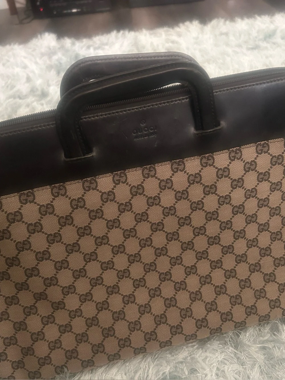 Gucci Men's/Women’s GG Supreme Briefcase in Beige and Dark Brown Leather